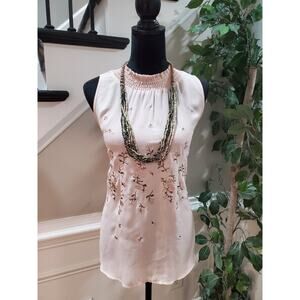 Chenautt Women's Pink Embroidered Floral High Neck Sleeveless Top Blouse XL